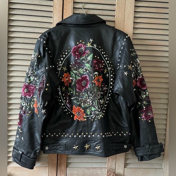 Topshop real leather biker bomber jacket black multi sequin floral studs $560 6 - Picture 6 of 16